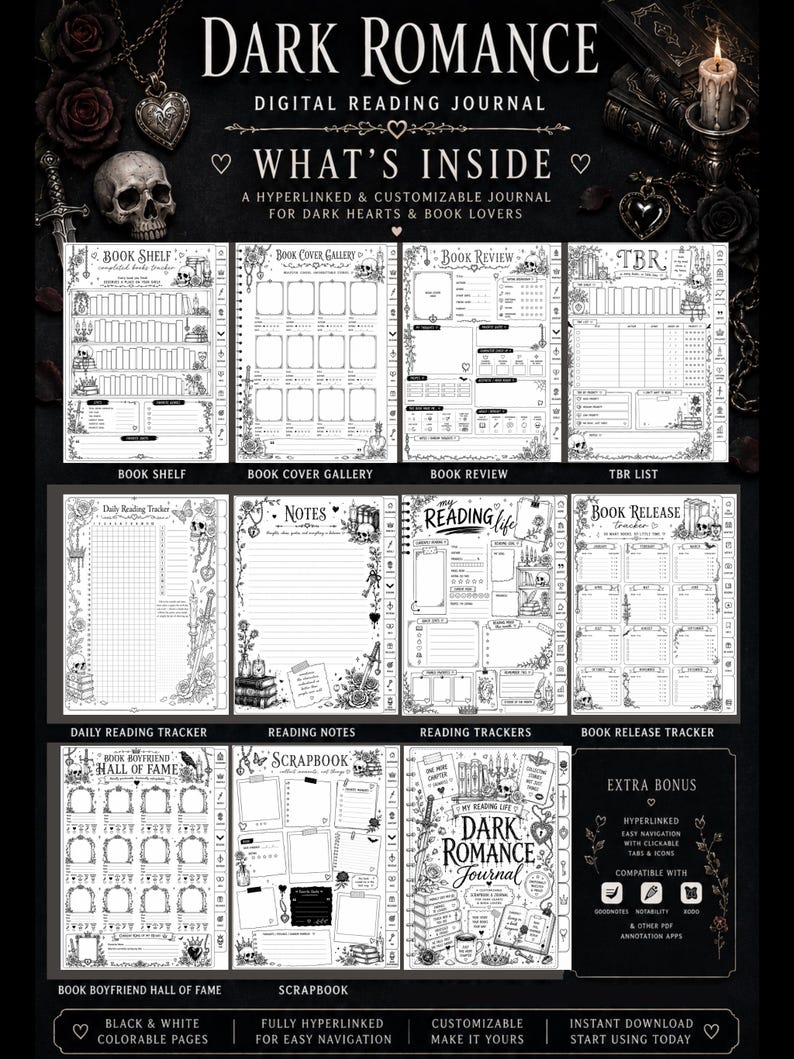 May include: A digital reading journal titled Dark Romance featuring hyperlinked pages with gothic illustrations including skulls, candles, and roses. The layout includes sections for a book shelf, reviews, TBR lists, reading trackers, and a scrapbook.
