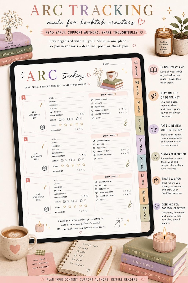 K&ouml;nnte beinhalten: Digitaler ARC-Tracking-Planer mit Tablet, B&uuml;chern und einer Kerze. Der Planer enth&auml;lt Abschnitte zum Verfolgen von Buchdetails, Bewertungen und Fristen. Das Bild zeigt auch eine Kaffeetasse und einen Notizblock mit einem Stift.