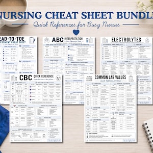 May include: A nursing cheat sheet bundle featuring five white reference cards with blue text and medical icons. The sheets include Head-to-Toe Assessment, ABG Interpretation, Electrolytes, CBC Quick Reference, and Common Lab Values for clinical use.
