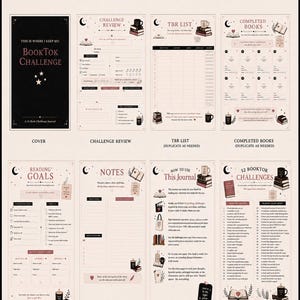 May include: A journal with the text "BookTok Challenge" on the cover, with pages for challenge reviews, TBR lists, completed books, reading goals, notes, and 52 BookTok challenges. The journal has a cream-colored background with black and red accents.
