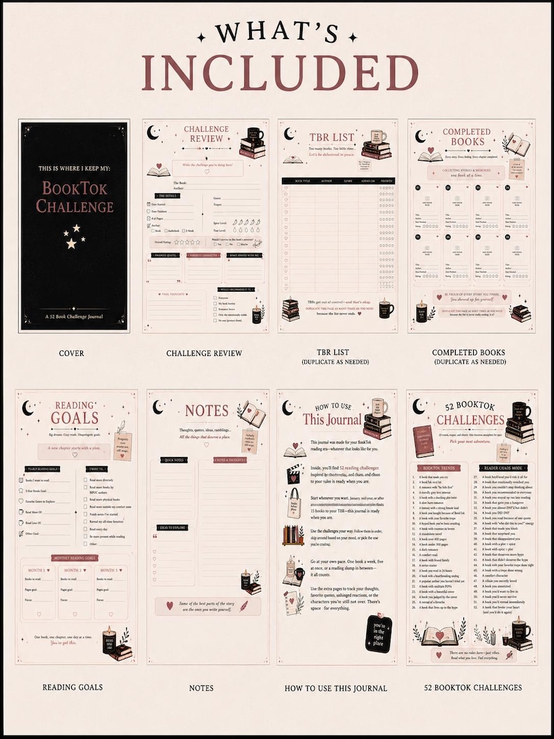 May include: A journal with the text "BookTok Challenge" on the cover, with pages for challenge reviews, TBR lists, completed books, reading goals, notes, and 52 BookTok challenges. The journal has a cream-colored background with black and red accents.
