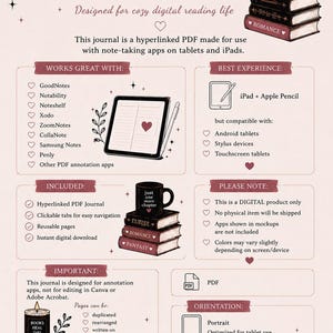 May include: Digital journal with the title "COMPATIBILITY" designed for use with note-taking apps on tablets. Includes a hyperlinked PDF journal, clickable tabs, and reusable pages. Features a stack of books and a mug that says "just one more chapter".