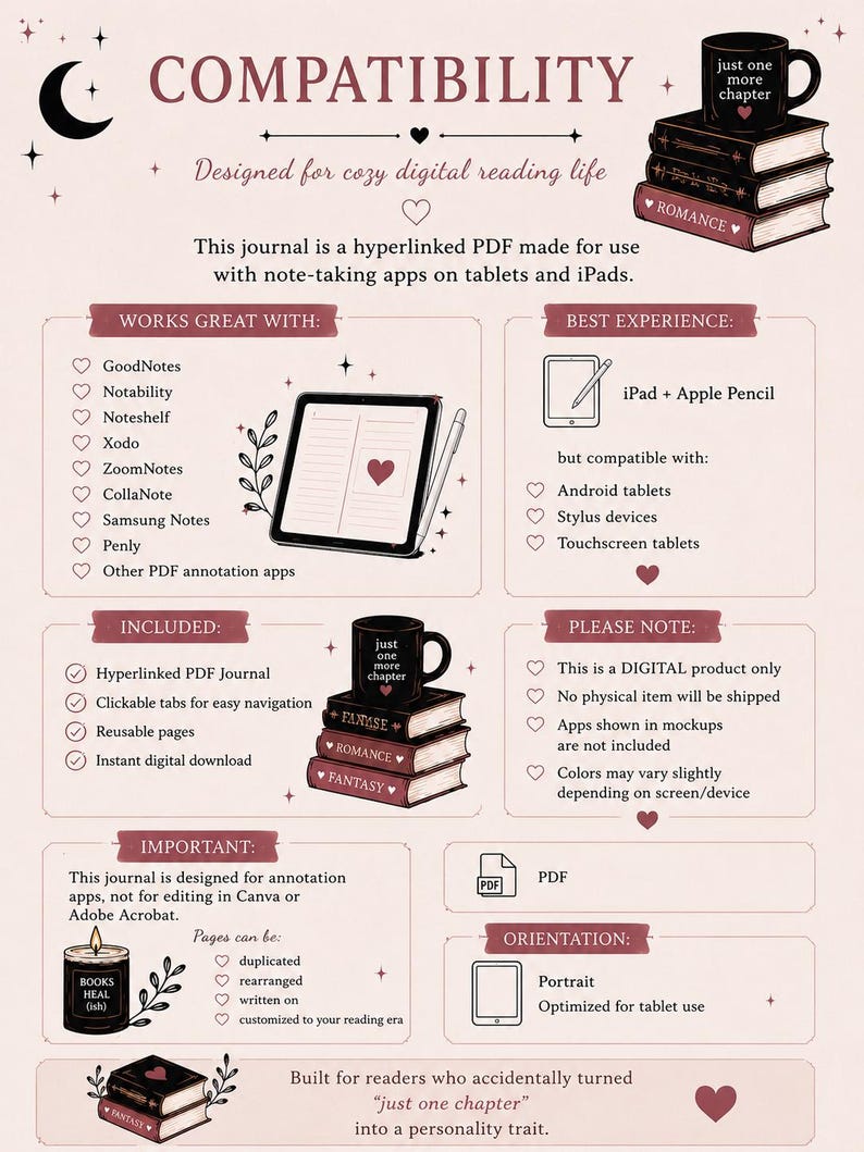 May include: Digital journal with the title "COMPATIBILITY" designed for use with note-taking apps on tablets. Includes a hyperlinked PDF journal, clickable tabs, and reusable pages. Features a stack of books and a mug that says "just one more chapter".
