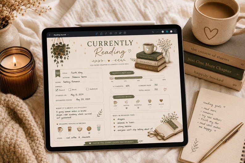 May include: A digital reading journal on a tablet, featuring a "Currently Reading" layout with book details, progress trackers, and reading goals. A mug with a heart, books, a candle, and a notebook with a pen are also visible.