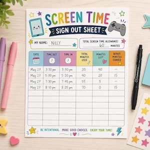 May include: A white paper screen time sign out sheet with colourful headers and illustrations of a tablet and game controller. The form includes fields for name, total allowance, and a table for date, time out, time in, minutes used, and bonus minutes.