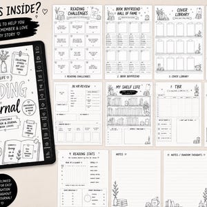 May include: A digital reading journal with 11 pages for tracking books, including reading challenges, book boyfriend, cover library, and reading logs. The journal is customisable and includes a scrapbook and journal for book lovers.