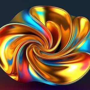May include: Abstract, swirling sculpture with a metallic gold finish, accented by vibrant blue, red, and yellow hues. The form is dynamic and fluid, with a glossy, reflective surface. The artwork is set against a dark background.