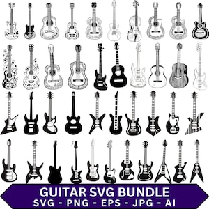 May include: A collection of various guitar illustrations in black and white. The image features acoustic, electric, and bass guitars with diverse designs. The text "GUITAR SVG BUNDLE" is displayed at the bottom, along with file type indicators.
