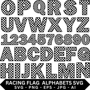 Könnte beinhalten: Schwarz-weiß kariertes Rennflaggen-Alphabet-Set, einschließlich Buchstaben, Zahlen und dem Text "RACING FLAG ALPHABETS SVG". Die Buchstaben und Zahlen sind mit einem karierten Muster gefüllt.