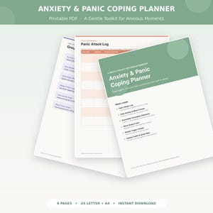 Puede incluir: Un planificador de ansiedad y pánico en PDF imprimible con páginas en color verde salvia y blanco. La portada muestra el título, una lista de contenidos que incluye un registro de ataques de pánico, rastreador de estado de ánimo y técnicas.