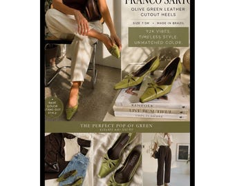 Vintage Franco Sarto Olive Green Leather Cutout Pointed Toe Heels Size 7.5M