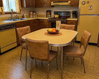 Vintage 1970s Dining Chairs Atomic MCM Bronze Metal Tweed Vinyl Set of Four | Retro | Upholstered | Mid Century Modern | American Chrome Co.