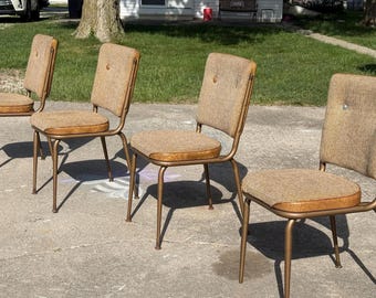 4er Set Mid Century Modern Esszimmerstühle | Atomic Era Walnut Look Chairs | Vintage Brauner Tweed-Bezug | Retro Küche Esszimmer Set