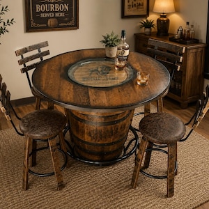 May include: A round pub table constructed from a wooden barrel base with a dark wood top and a central glass inlay featuring the Buffalo Trace logo. The set includes four matching wooden bar stools with dark brown padded seats and metal footrests.