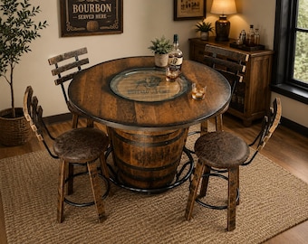 Reclaimed Whiskey Barrel Table Set with Stools – Rustic Bar Furniture, Man Cave Pub Table