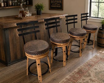 Rustic Swivel Bar Stool with Back | Whiskey Barrel Style | Solid Wood Bar Chair
