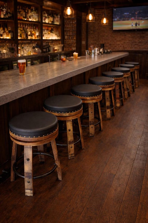 Rustic Swivel Bar Stool with Black Faux Leather Seat