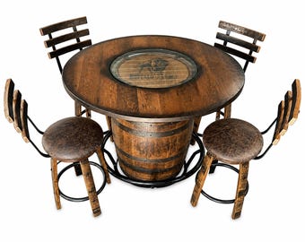 Juego de mesa y taburetes hechos con barriles de whisky: mesa de bar rústica, muebles de barriles de bourbon, mesa de pub industrial, muebles para la cueva del hombre.