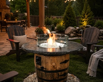 Rustic Whiskey Barrel Fire Pit Table with Hidden Propane Storage