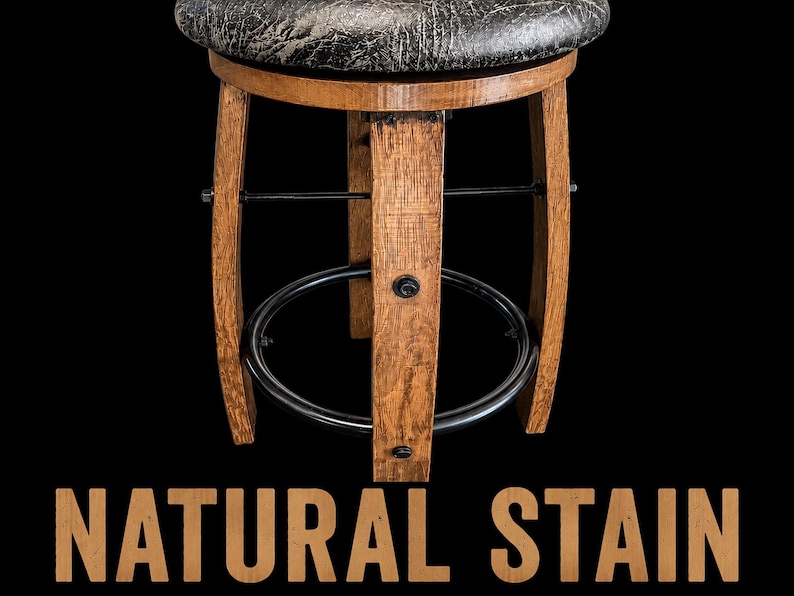 May include: A swivel bar stool featuring a round, textured black seat atop a curved, light brown wooden base with a circular black metal footrest. The base is constructed from vertical wooden staves. The text NATURAL STAIN appears below.
