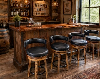 Rustic Whiskey Barrel Bar Stool with Round Back