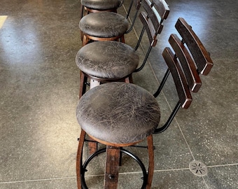 Rustic Whiskey Barrel Bar Stool with Back