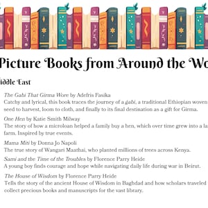 May include: A graphic list titled 25 Picture Books from Around the World, featuring a row of colorful illustrated book spines at the top. The text categorizes books by region, starting with Africa & Middle East, listing titles and summaries for Ethiopia, Ghana, Kenya, Lebanon, and Iraq.