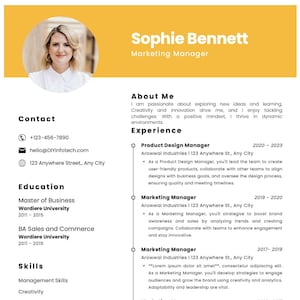May include: A professional resume template with a photo of a woman, Sophie Bennett, a Marketing Manager. The resume includes contact information, education, skills, language proficiency, and work experience. The background is yellow.