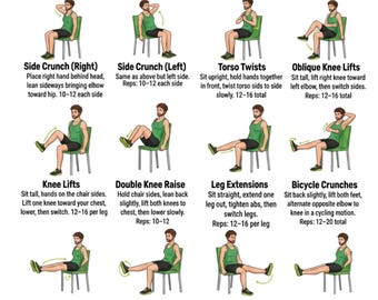 Poster met buikspieroefeningen zittend | Oefeningsschema voor mannen op een stoel (PDF)