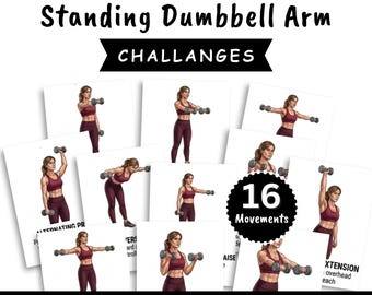 Poster met oefeningen voor de armen met staande dumbbells, 16 bewegingen, voor het trainen van het bovenlichaam (PDF)