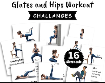 Poster met oefeningen voor de bil- en heupen, oefenschema voor het onderlichaam, fitness voor thuis (PDF-download)