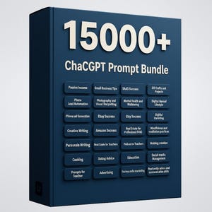 Puede incluir: Una caja azul oscuro con el texto "15000+ ChaCGPT Prompt Bundle" en blanco. Debajo, varios botones rectangulares pequeños con varios temas como "Ingresos Pasivos", "Éxito en Etsy" y "Gestión de Redes Sociales".