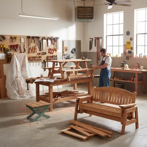 May include: A woodworking shop with various wooden furniture pieces in progress. A picnic table, bench, and small stool are visible. Tools hang on the wall, and a person is working on a piece. The shop has a rustic, handcrafted aesthetic.