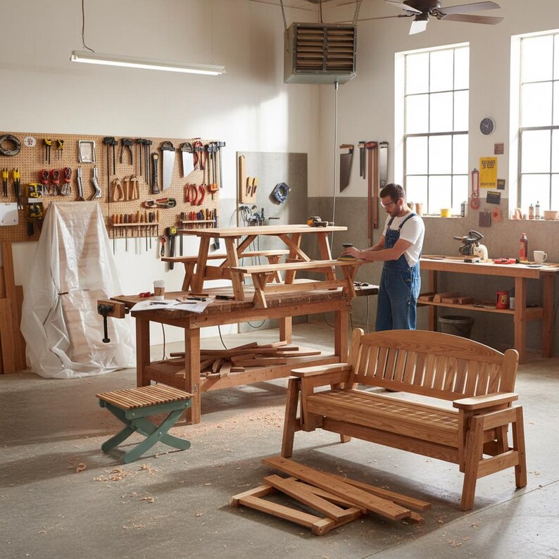 May include: A woodworking shop with various wooden furniture pieces in progress. A picnic table, bench, and small stool are visible. Tools hang on the wall, and a person is working on a piece. The shop has a rustic, handcrafted aesthetic.