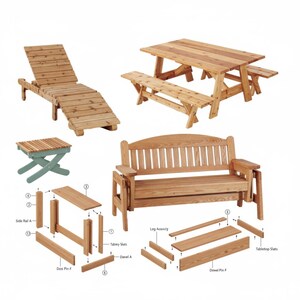 May include: A collection of wooden outdoor furniture, including a reclining lounge chair, picnic table with attached benches, a small side table, and a bench with armrests. The furniture is made of light-colored wood and is suitable for a patio or garden setting.