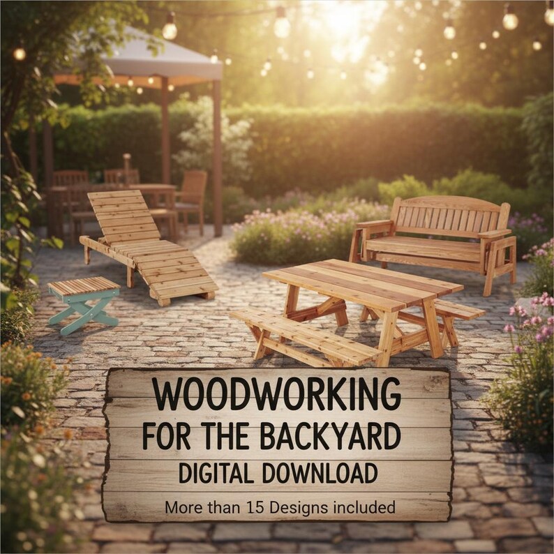 May include: A collection of wooden backyard furniture, including a picnic table with attached benches, a lounge chair, a bench, and a small side table. The image features the text "WOODWORKING FOR THE BACKYARD DIGITAL DOWNLOAD" and "More than 15 Designs included."