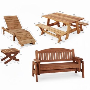 May include: A collection of wooden outdoor furniture, including a reclining lounge chair, a picnic table with attached benches, a small folding side table, and a bench with armrests. The furniture is made of light brown wood.