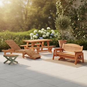 May include: A collection of outdoor wooden furniture, including a picnic table, a reclining lounge chair, a small side table, and a bench. The furniture is made of light-colored wood and is set on a patio with a garden backdrop.