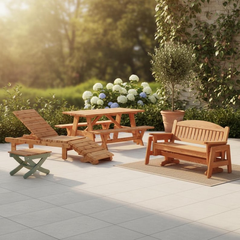 May include: A collection of outdoor wooden furniture, including a picnic table, a reclining lounge chair, a small side table, and a bench. The furniture is made of light-colored wood and is set on a patio with a garden backdrop.