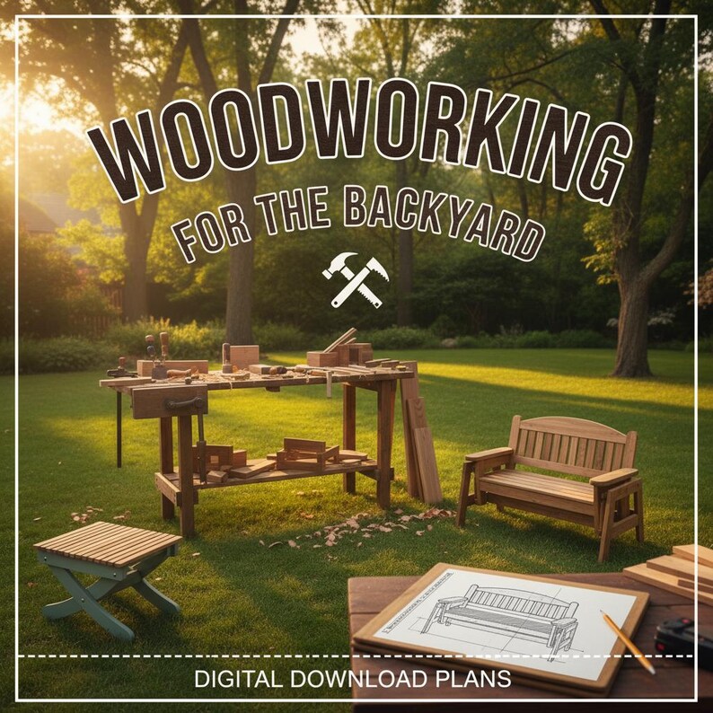 May include: Image featuring woodworking tools and projects in a backyard setting. The text "WOODWORKING FOR THE BACKYARD" is displayed above the scene. A workbench, bench, and small table are visible. The words "DIGITAL DOWNLOAD PLANS" are at the bottom.