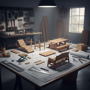 May include: A workshop scene featuring miniature wooden furniture models, including a chaise lounge, picnic table with benches, and a small bench. The models are arranged on a large blueprint, with tools and drafting supplies nearby. The furniture is made of light-colored wood.