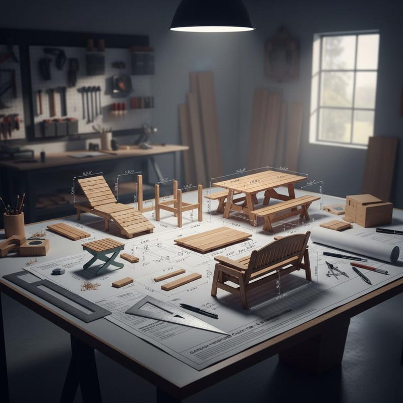 May include: A workshop scene featuring miniature wooden furniture models, including a chaise lounge, picnic table with benches, and a small bench. The models are arranged on a large blueprint, with tools and drafting supplies nearby. The furniture is made of light-colored wood.