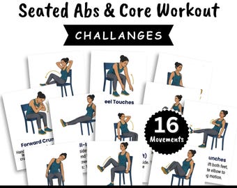 Poster met buikspieroefeningen zittend, schema met stoeloefeningen, fitness met lage impact (PDF-download)