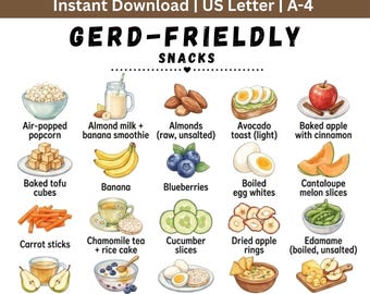 Printbare lijst met GERD-vriendelijke snacks, dieetgids voor brandend maagzuur (PDF)