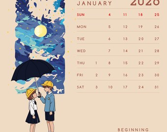 Anime kalender 2026 afdrukbaar | Japanse planner (digitale download) | Kunstkalender aan de muur | Instant .zip-sjabloon