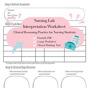 Puede incluir: Una hoja de trabajo imprimible para la interpretación de laboratorios de enfermería titulada "Nursing Lab Interpretation Worksheet". Incluye secciones para instantáneas de pacientes, desglose de laboratorio y significancia clínica, diseñada para estudiantes de enfermería.