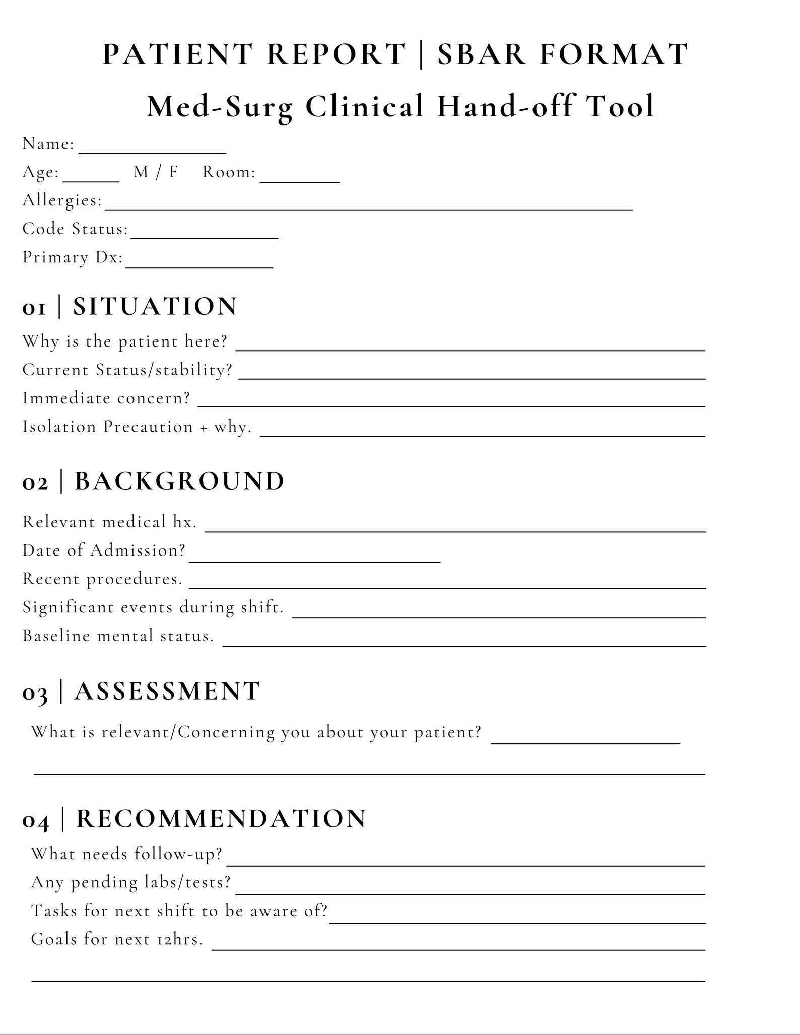 Sfar Questionnaire PATIENT REPORT | SBAR Format Med-surg Clinical Hand-off Tool | Nursing ...