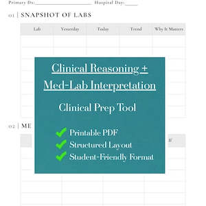 Puede incluir: Documento PDF imprimible titulado "Clinical Reasoning + Med/Lab Interpretation". La sección de color turquesa destaca "Clinical Prep Tool" con viñetas: PDF imprimible, diseño estructurado y formato para estudiantes. El documento incluye campos para las iniciales del paciente y el día del hospital.