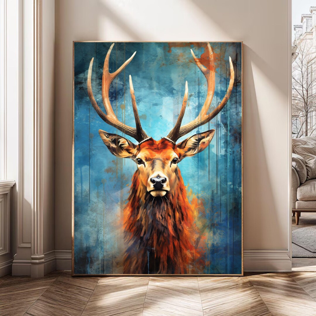 Majestic Stag Deer Digital Wall Art - Vibrant Abstract Wildlife Oil ...