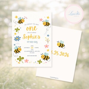 May include: A set of two bee-themed birthday invitations. The front invitation is white with yellow text and illustrations of bees, flowers, and stars. The back of the invitation has a bee illustration and the date 6.25.2026.